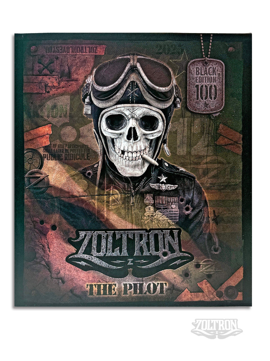 A side view close-up of a highly detailed packaging box, designed by artist zoltron, for his limited edition and sought after, resin and soapstone , featuring a highly detailed skull figurine wearing a cracked leather aviator helmet, a weathered black leather jacket, war medallions and adornments, smoking a cigarette, set against a plain white background.